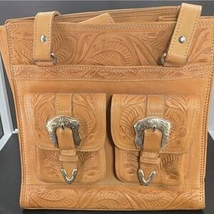 Tooled Leather Double Pocket Satchel - Tan